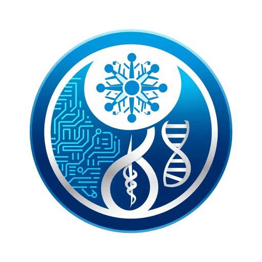 A modern logo featuring interwoven symbols representing Computer Science (circuit board pattern), Space Science (star cluster or orbit), and Medical Science (DNA helix). The design uses a professional color palette of blue, silver, green, and white, symbolizing innovation, exploration, and healthcare.